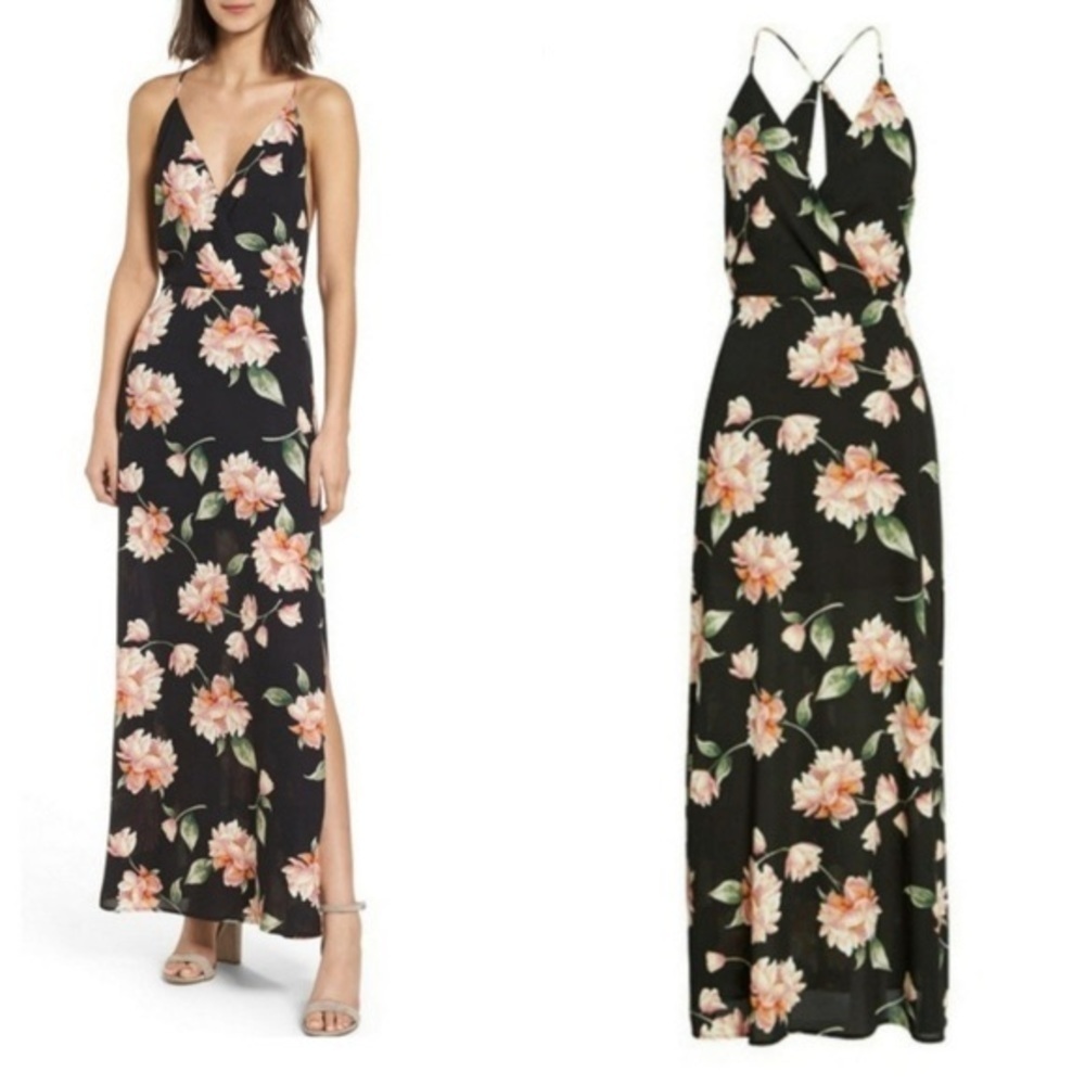 Lush Nordstrom Black Floral Surplice Maxi Dress